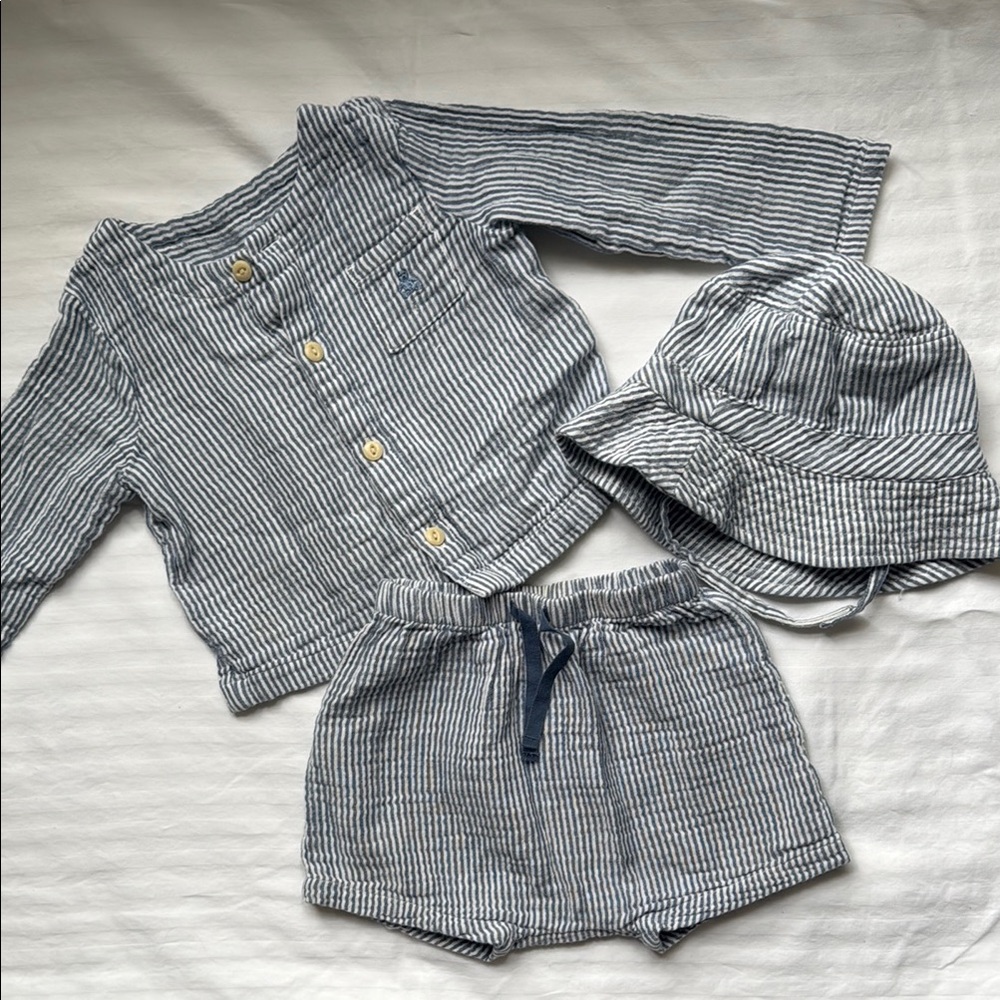 Striped Blue Baby Outfit Set with Hat